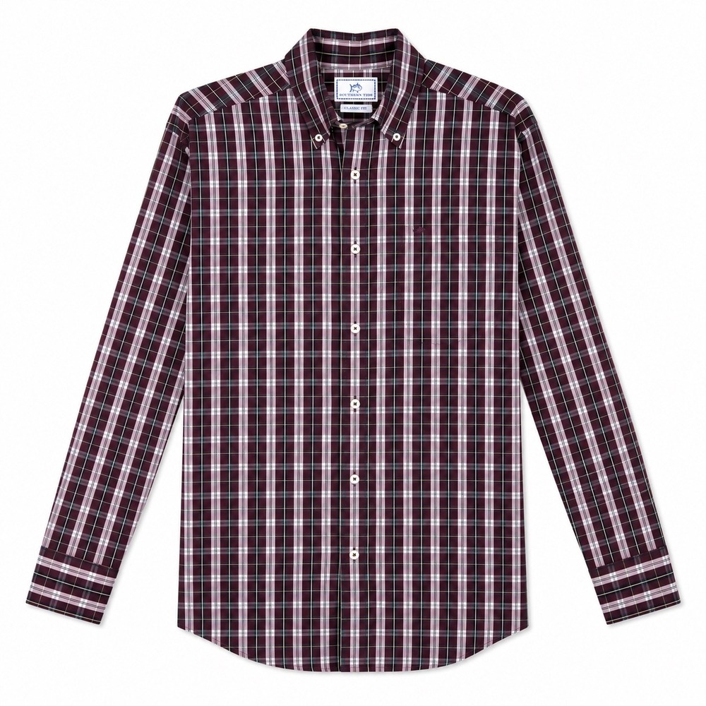 Southern Tide Classic Fit Plaid Button Down Shirt Burgundy Blue Medium